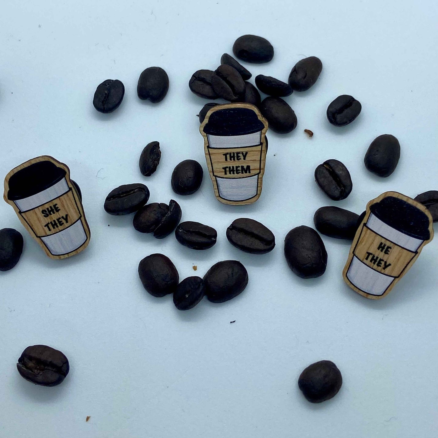 Wooden Coffee Cup Pronoun Pins