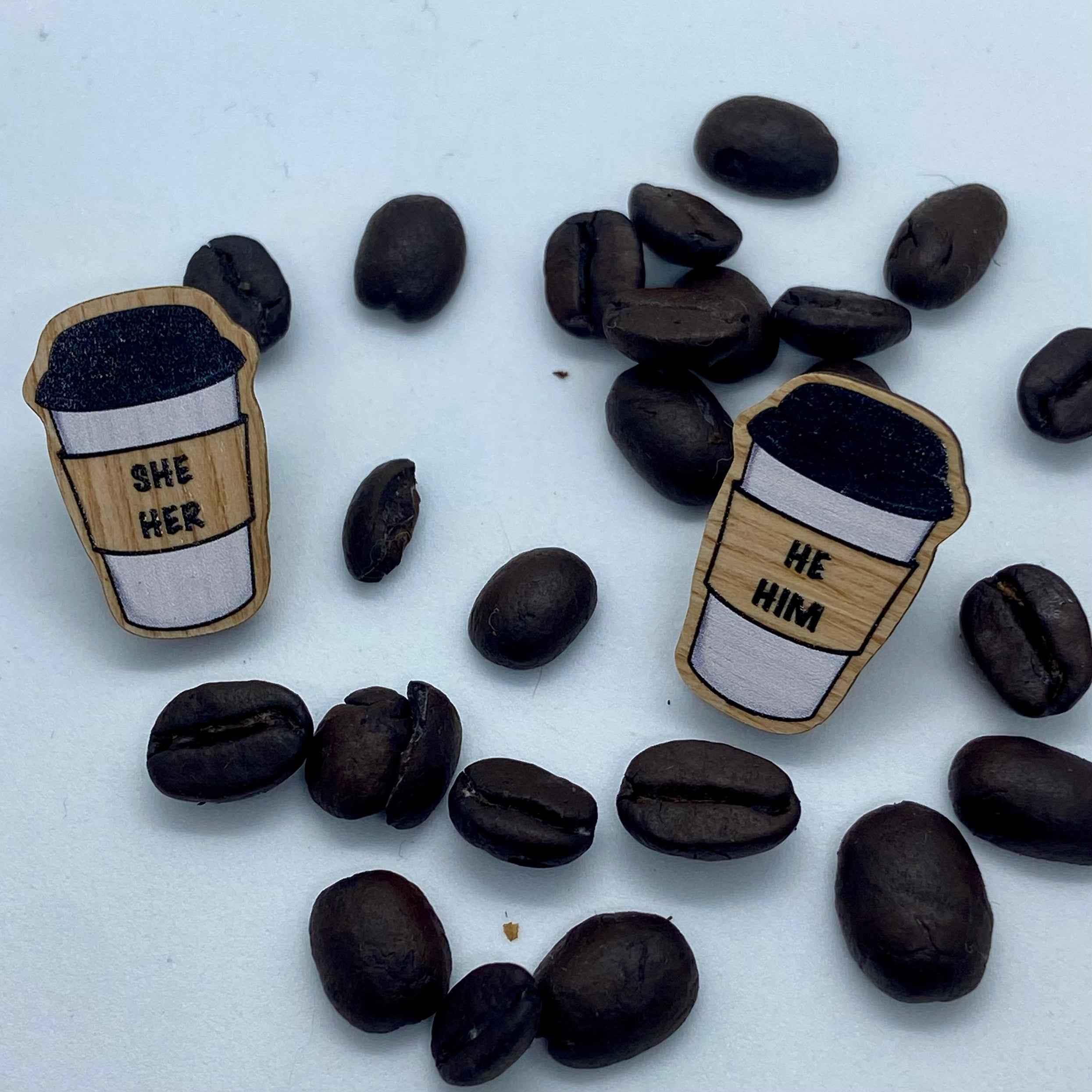 Wooden Coffee Cup Pronoun Pins