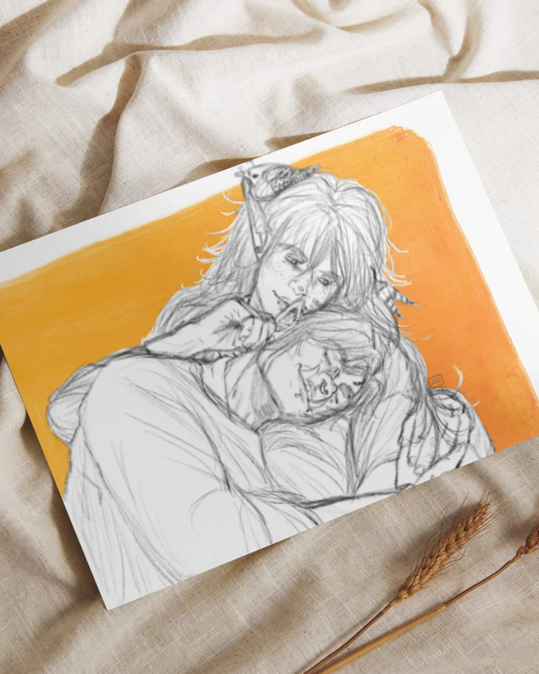 Pencil sketch of two embracing fantasy characters with elf ears against an orange background