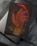 Digital art of a hand surrounded by glowing orange and red magical flames on a dark grid background