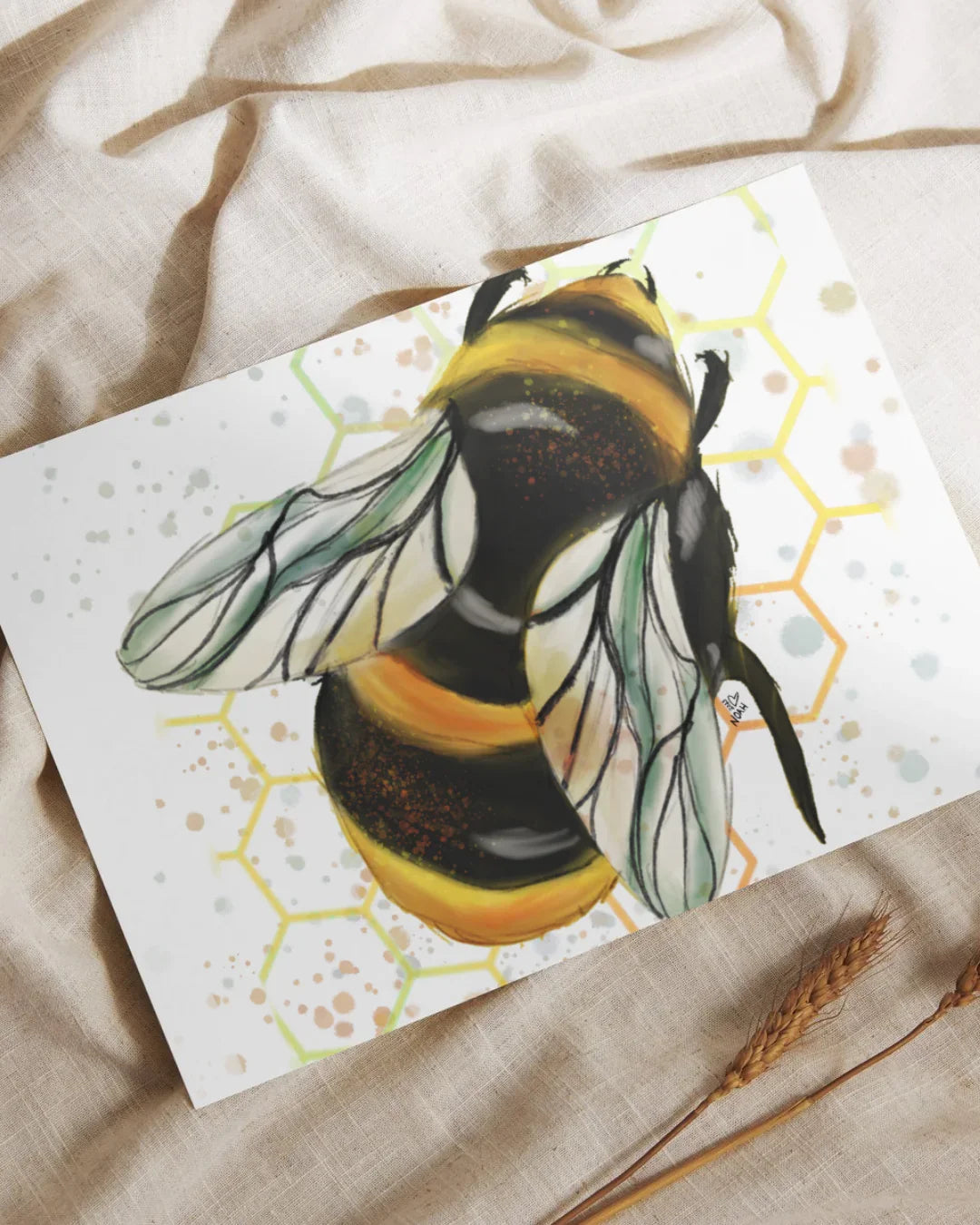Art print of a detailed bee illustration with honeycomb pattern on beige fabric with wheat stalks