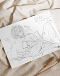 Pencil sketch of a shirtless man reclining with a mug, messy hair, tattooed arm, and captions on white paper