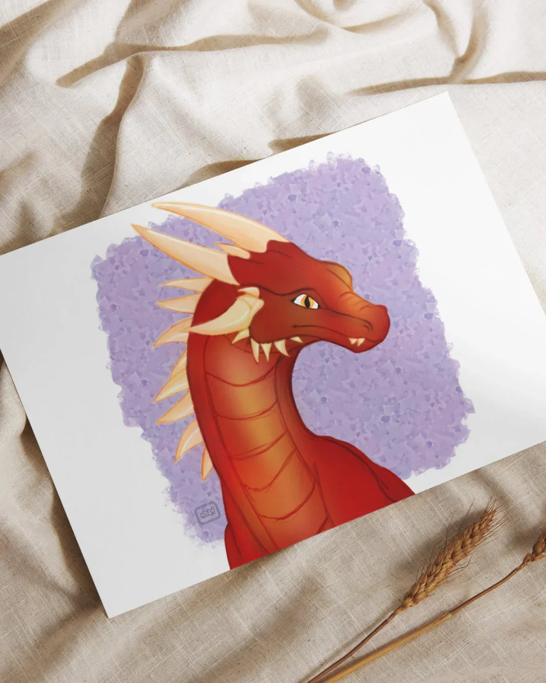 Digital illustration of a red dragon with beige horns and spikes on purple textured background