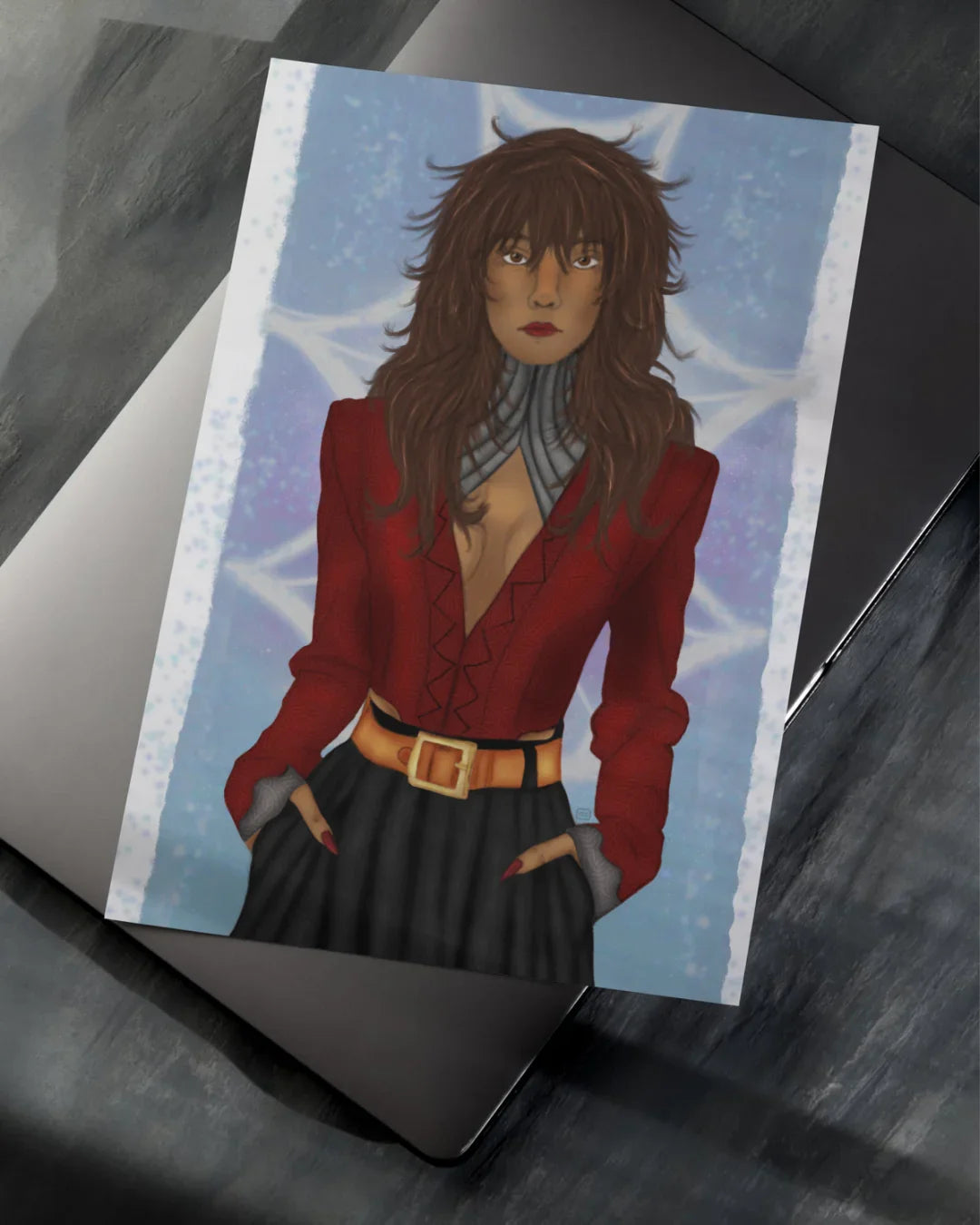 Illustration of a woman with wavy brown hair wearing a red jacket, black skirt, and wide belt