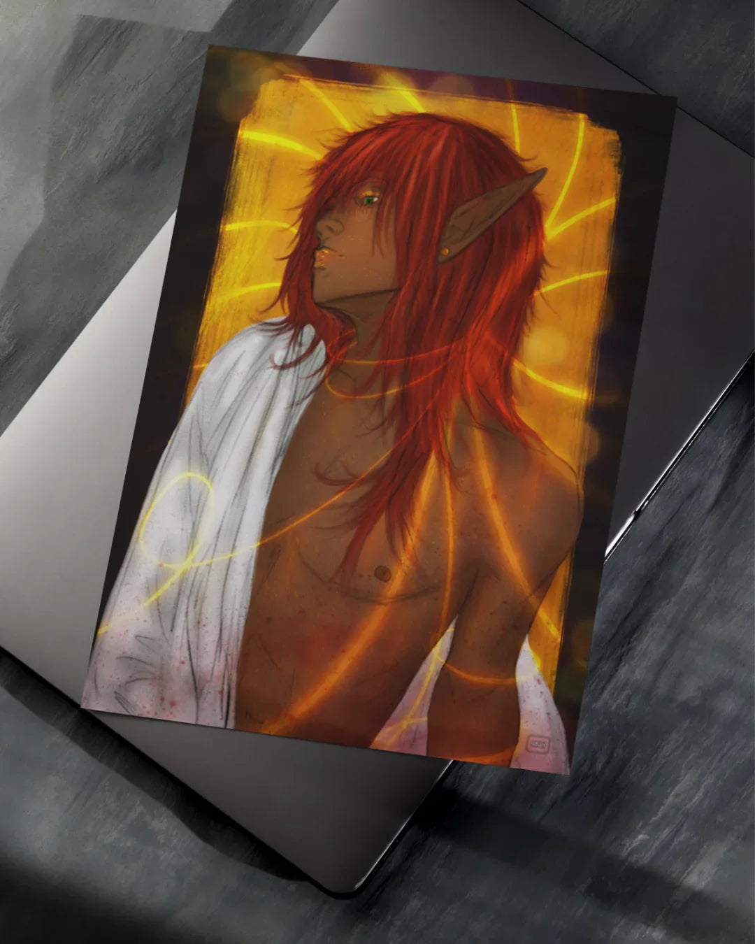 Digital art of shirtless elf with red hair and green eyes wrapped in a white cloth, glowing yellow background