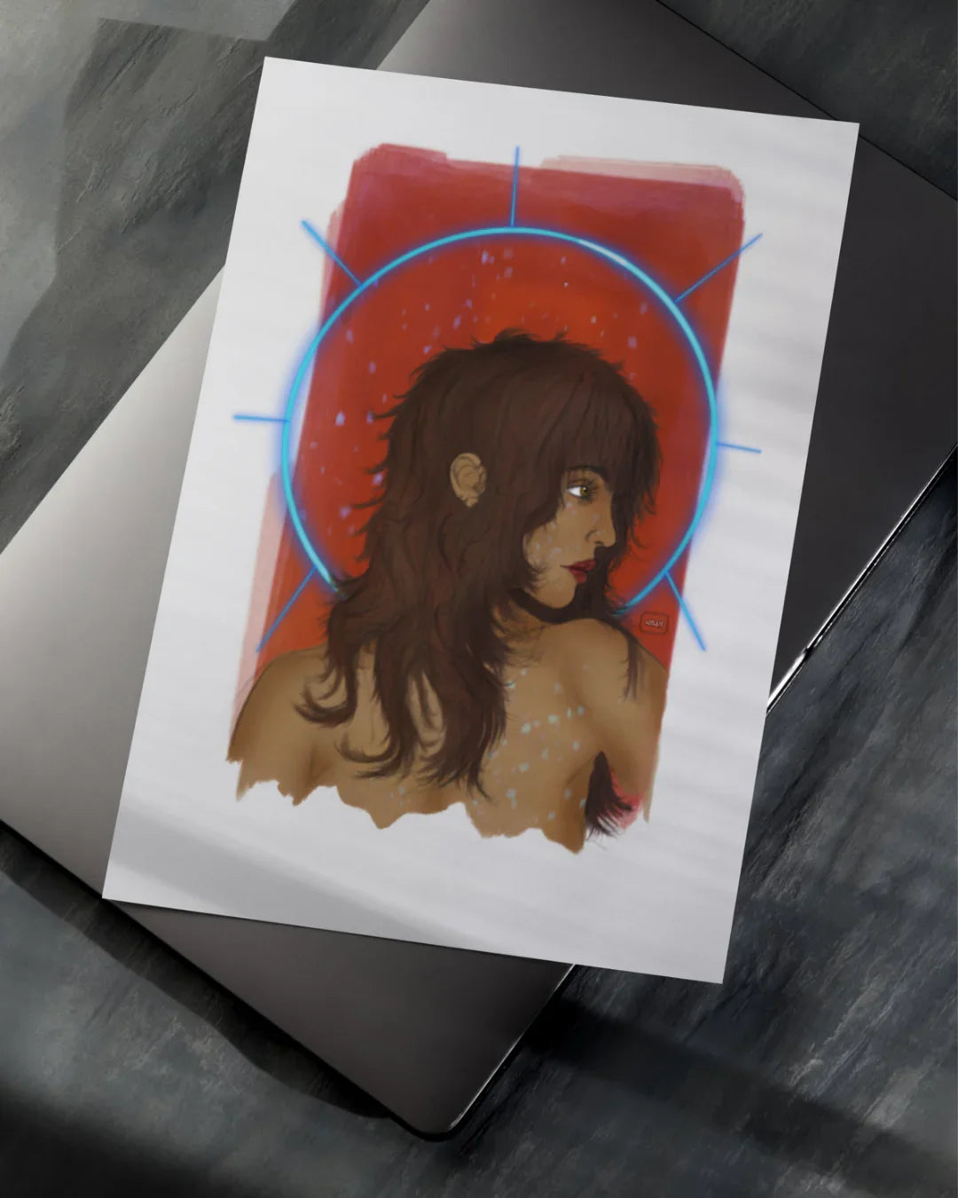 Art print of a woman with wavy brown hair and red lips, blue glowing halo, red background
