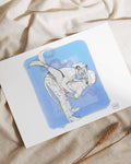 Sketch of a cowboy kissing a mermaid with a fish tail against a blue background print on fabric