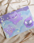 Illustration of three purple ghost-like creatures with playful expressions on a blue and purple background