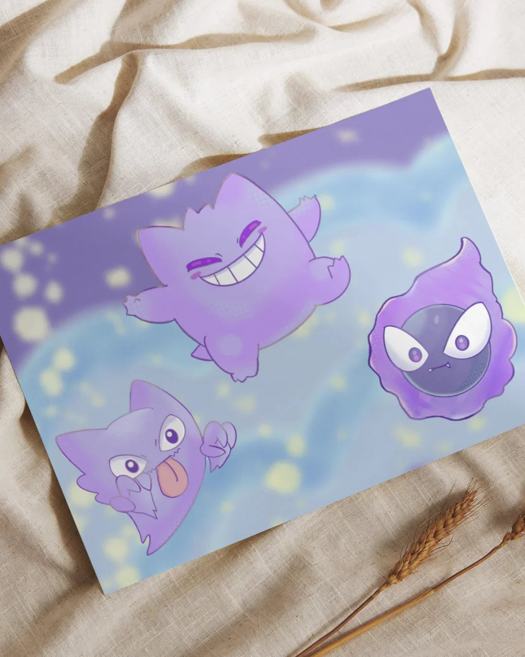 Illustration of three purple ghost-like creatures with playful expressions on a blue and purple background