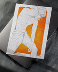 sketch of a muscular shirtless man with tattoos and loose pants on orange background, paper on laptop