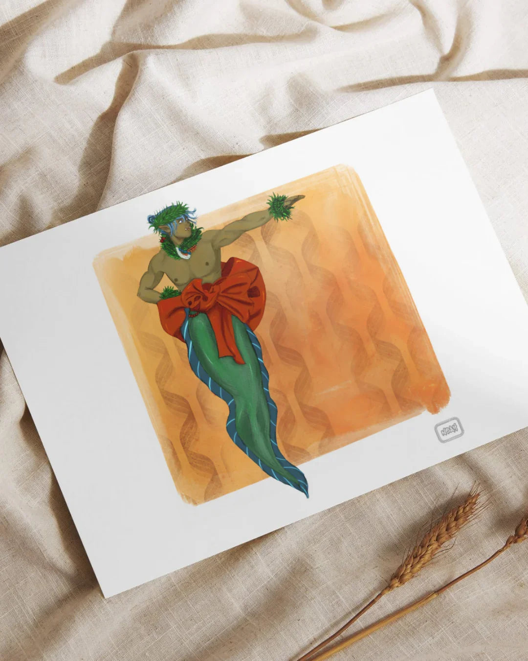 Art print of a muscular merman with blue hair, red sash, and green seaweed accessories on beige fabric background
