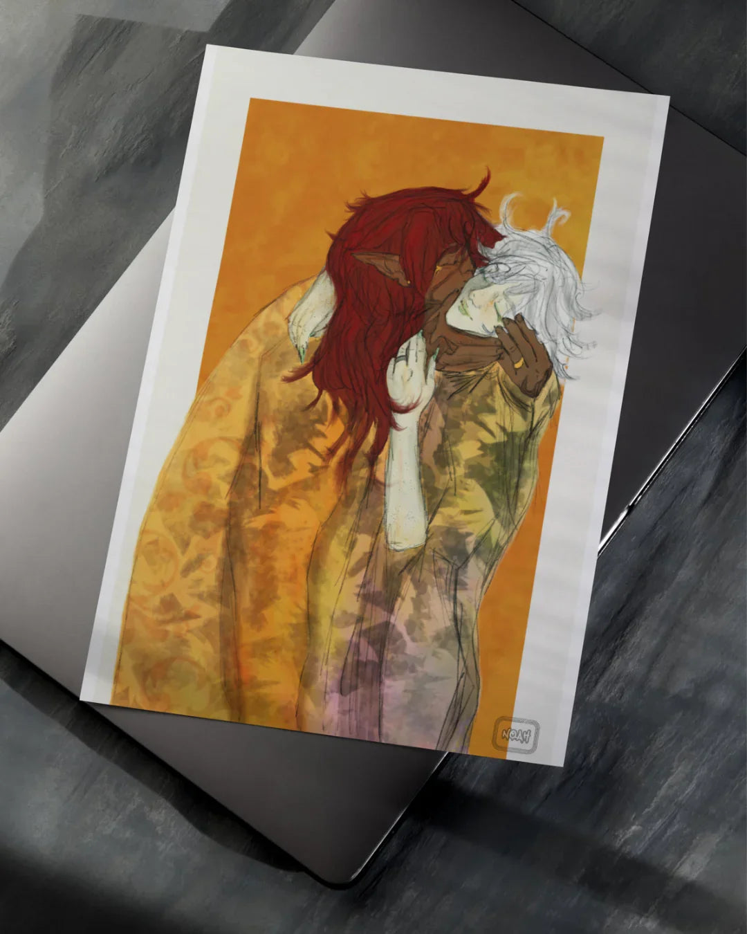 Illustration of two fantasy characters embracing, one with red hair and elf-like ears, the other with white hair, on orange background