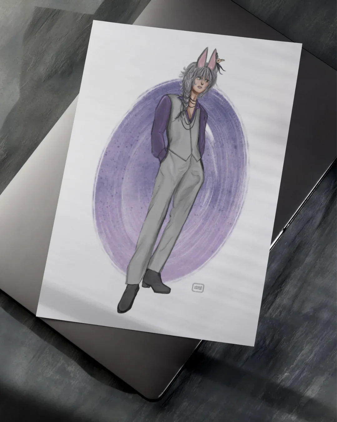 illustration of a character with gray hair, fox ears, purple shirt, gray vest and pants, standing in front of a purple oval background