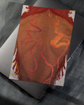 Art print of a human back with fiery red and orange flames and roots design on dark skin