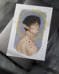 Digital art of a shirtless elf with black hair, blue eyes, tribal tattoos and blood splatters, yellow halo background