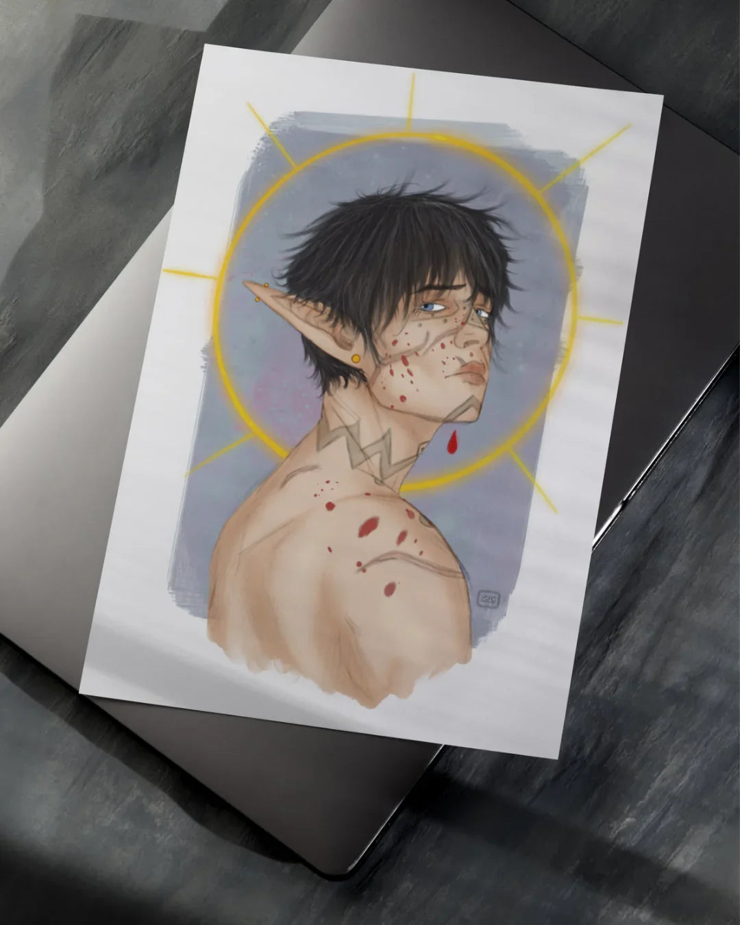 Digital art of a shirtless elf with black hair, blue eyes, tribal tattoos and blood splatters, yellow halo background
