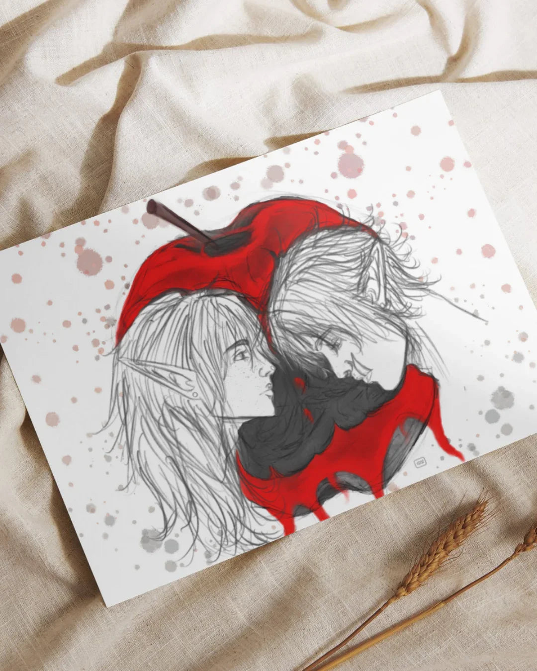 Sketched drawing of two elf-like characters facing each other inside a red bitten apple with splattered paint background