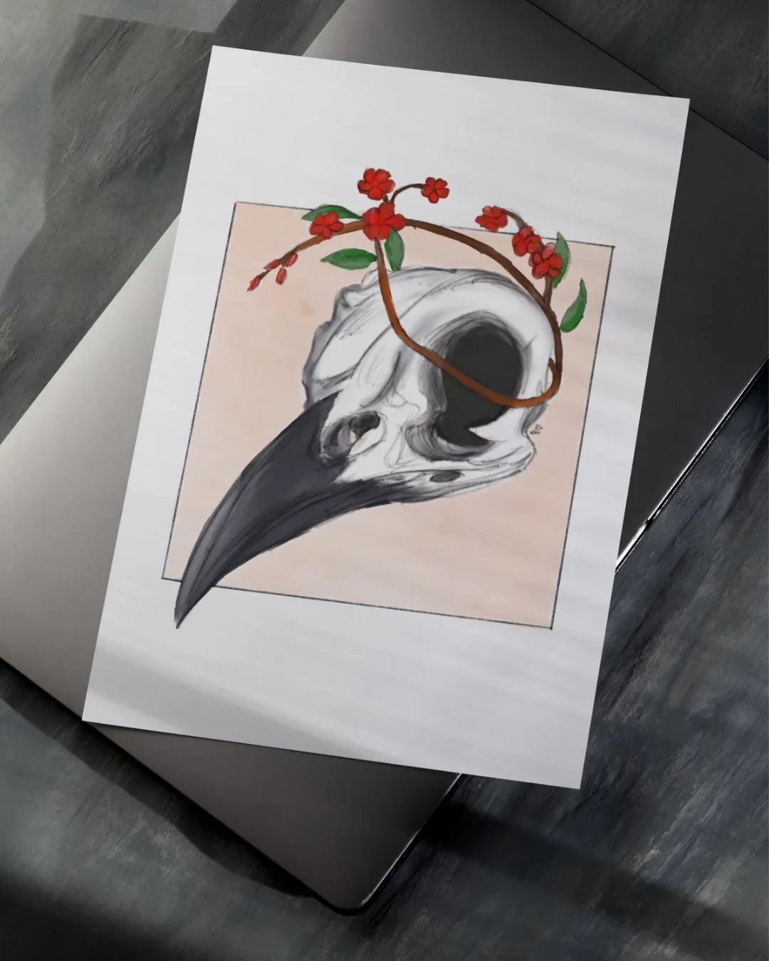 Illustration of a bird skull with a wreath of red flowers and green leaves on beige background