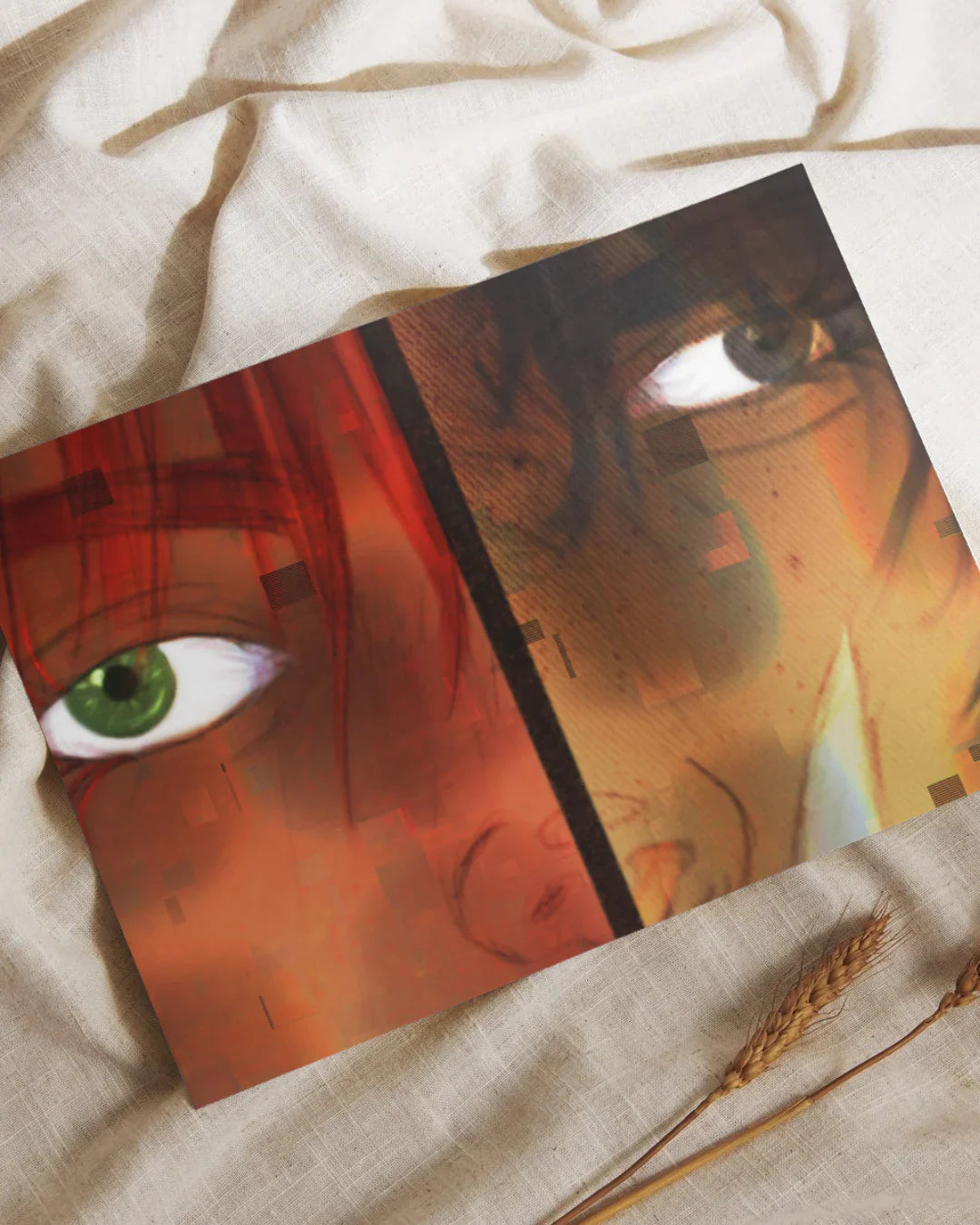 Close-up digital art of two faces with green and blue eyes, warm red and orange tones on fabric background