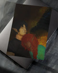 Fantasy art of two elf-like characters with pointed ears, one with black hair and tusks, the other with long red hair, in a warm forest setting