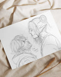 pencil sketch of two fantasy characters facing each other, one with elf ears, caption reads I'm home, love