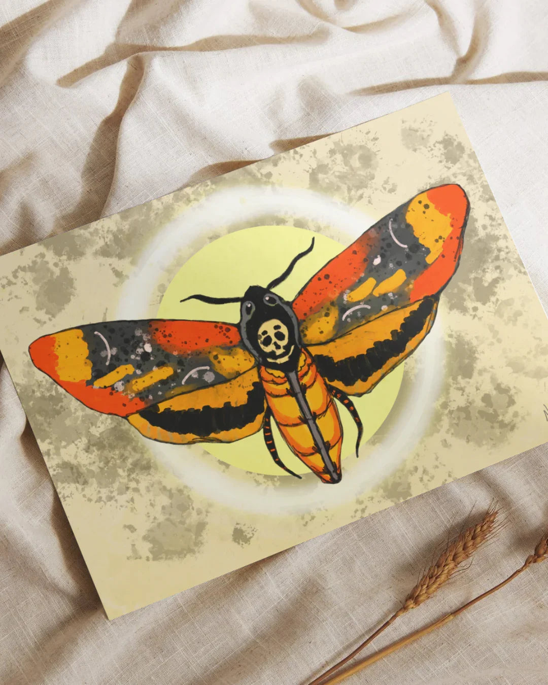 Illustration of a colorful moth with a skull design on its back, placed on beige fabric with wheat stalks