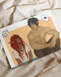 Fantasy illustration of two orc characters sitting, one with red hair and bandages thought bubble, the other muscular with black hair and heart thought bubble