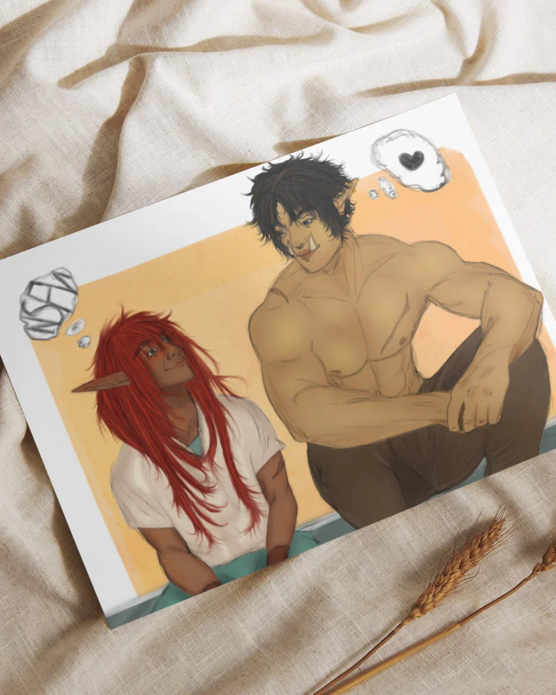 Fantasy illustration of two orc characters sitting, one with red hair and bandages thought bubble, the other muscular with black hair and heart thought bubble