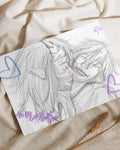 Sketch of two fantasy characters with long hair and horns, one smiling and the other with kiss marks on face